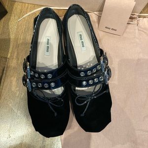 Miu miu black velvet patent ballet flats buckles Prada 39 8.5 punk shoes 8